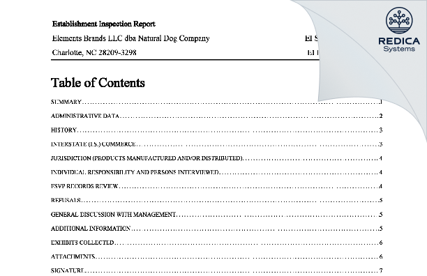 EIR - Elements Brands LLC dba Natural Dog Company [Charlotte / United States of America] - Download PDF - Redica Systems