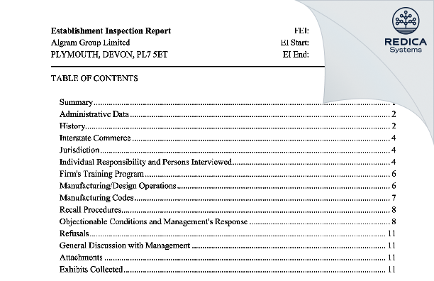 EIR - Algram Group Limited [Plymouth / United Kingdom of Great Britain and Northern Ireland] - Download PDF - Redica Systems