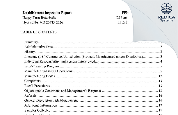 EIR - Happy Farm Botanicals Inc. [Hyattsville / United States of America] - Download PDF - Redica Systems