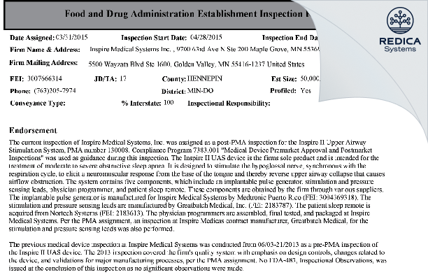EIR - Inspire Medical Systems Inc. [Minneapolis / United States of America] - Download PDF - Redica Systems