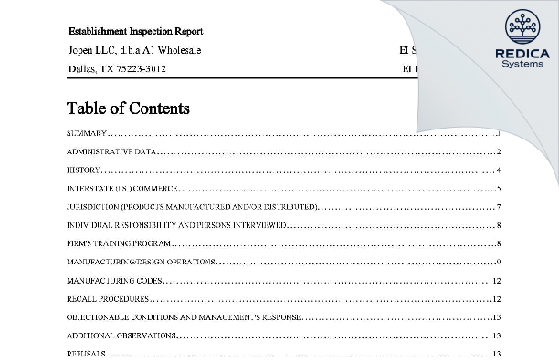 EIR - Jopen LLC, d.b.a A1 Wholesale [Dallas / United States of America] - Download PDF - Redica Systems