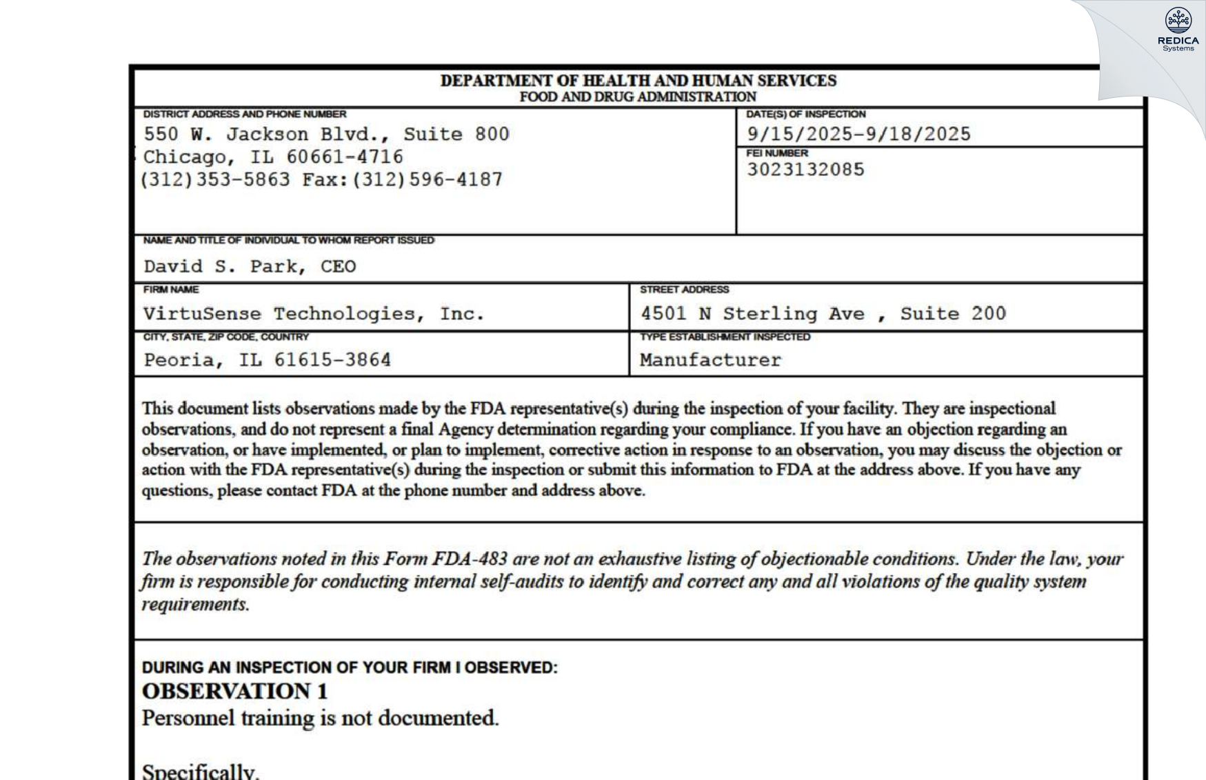 FDA 483 - VIRTUSENSE [Peoria / United States of America] - Download PDF - Redica Systems