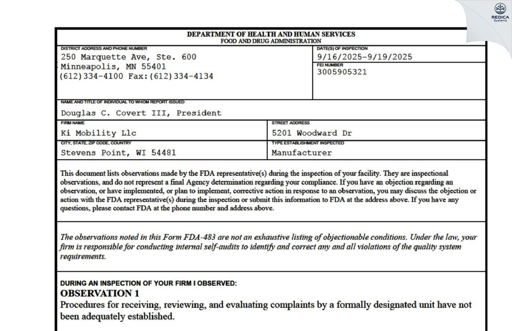 FDA 483 - Ki Mobility Llc [Stevens Point / United States of America] - Download PDF - Redica Systems