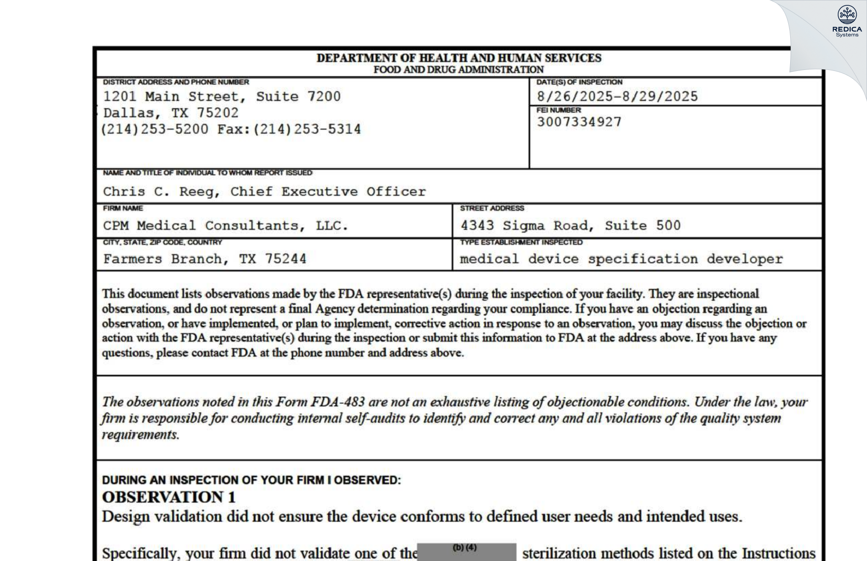 FDA 483 - CPM MEDICAL [Richardson / United States of America] - Download PDF - Redica Systems