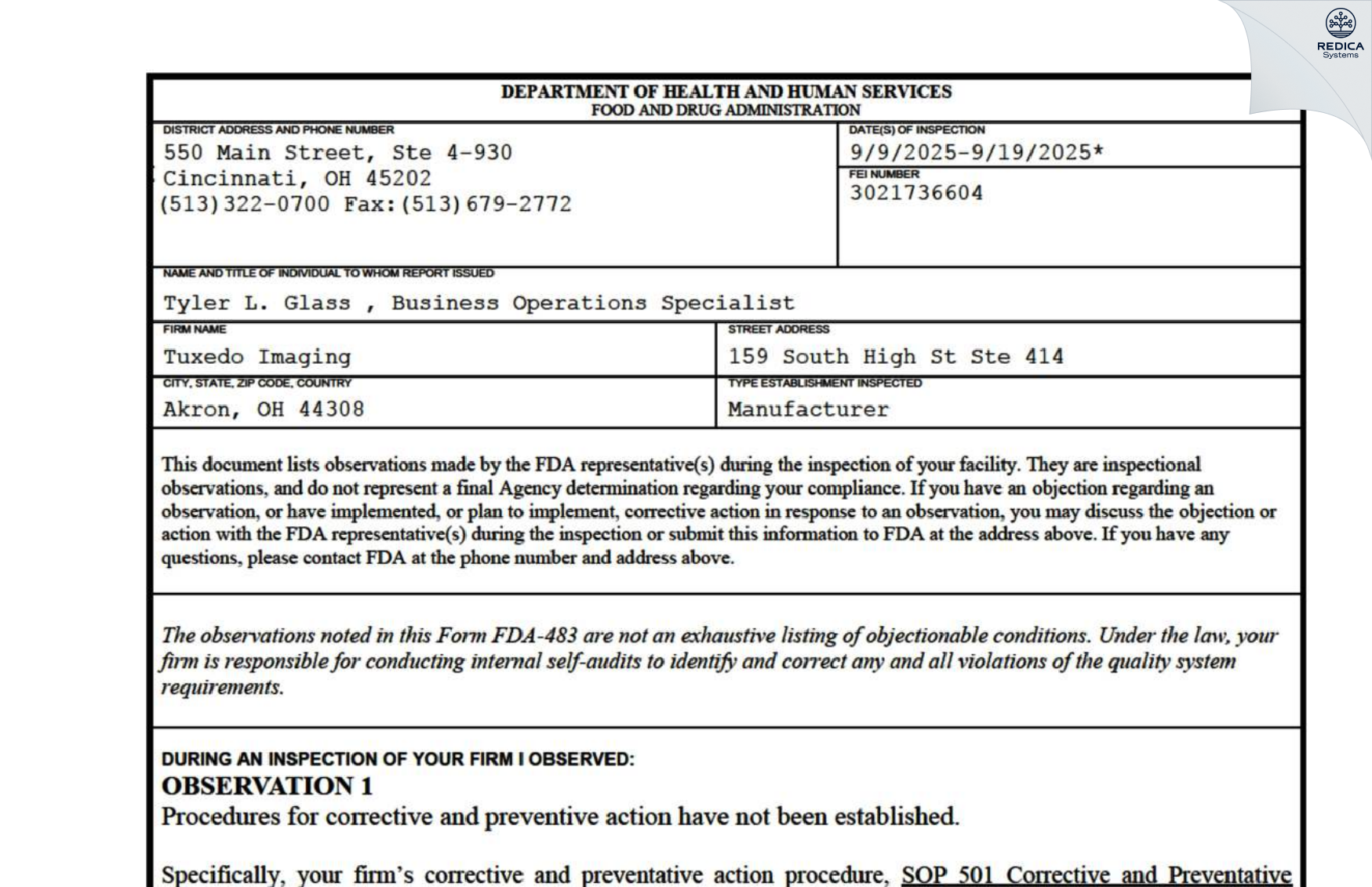 FDA 483 - TUXEDO IMAGING [Akron / United States of America] - Download PDF - Redica Systems