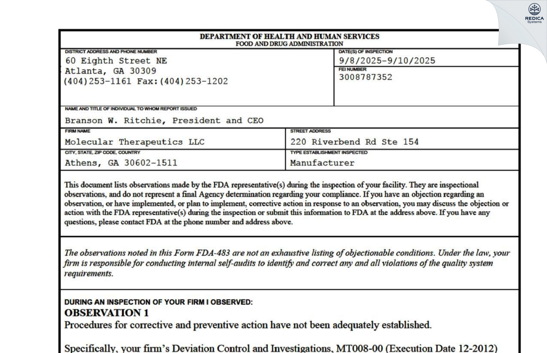 FDA 483 - Molecular Therapeutics Production [Athens / United States of America] - Download PDF - Redica Systems
