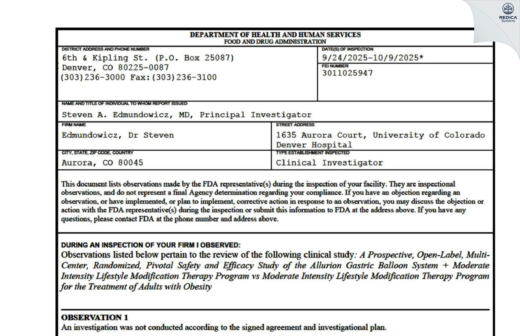 FDA 483 - Edmundowicz, Dr Steven [Saint Louis / United States of America] - Download PDF - Redica Systems