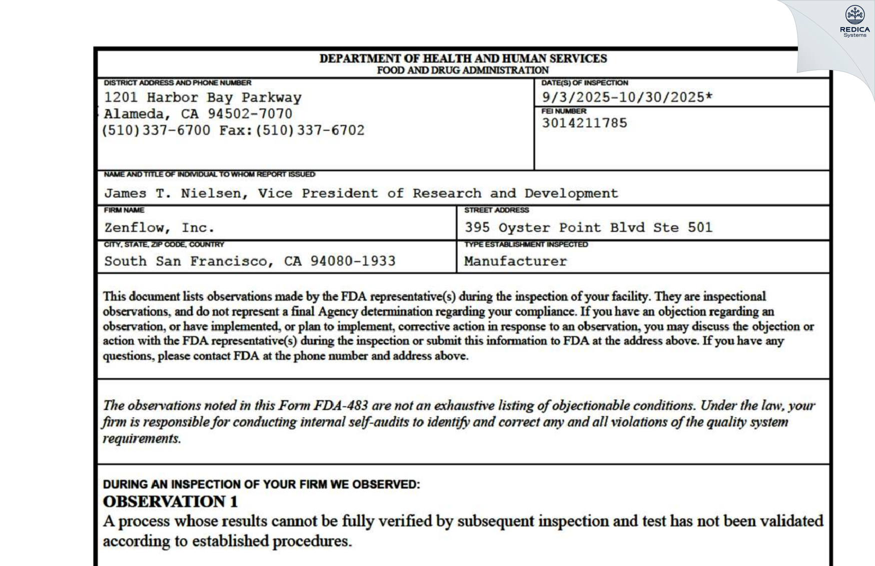 FDA 483 - Zenflow, Inc. [South San Francisco / United States of America] - Download PDF - Redica Systems