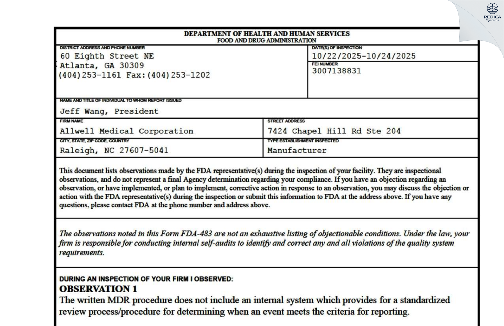 FDA 483 - Allwell Medical Corporation [Raleigh / United States of America] - Download PDF - Redica Systems