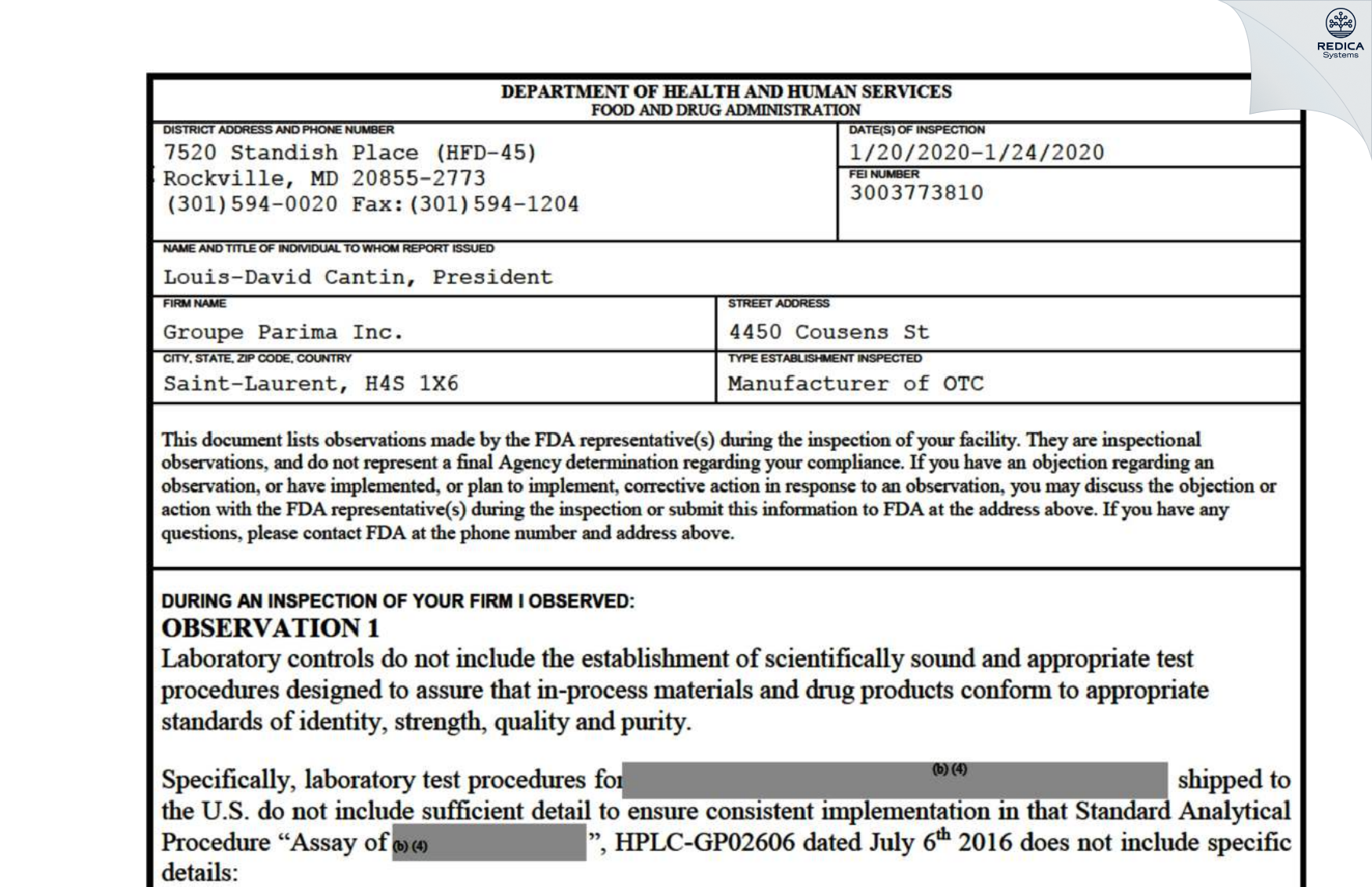 FDA 483 - Groupe PARIMA Inc. [Saint-Laurent / Canada] - Download PDF - Redica Systems