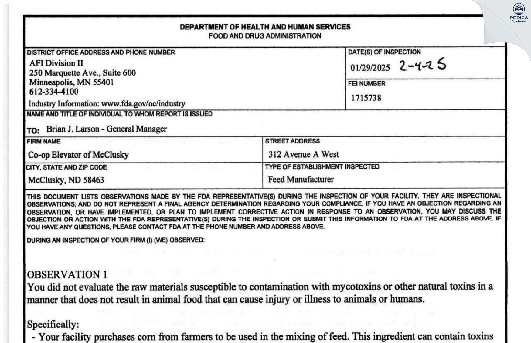FDA 483 - Coop Elevator of McClusky [Mcclusky / United States of America] - Download PDF - Redica Systems