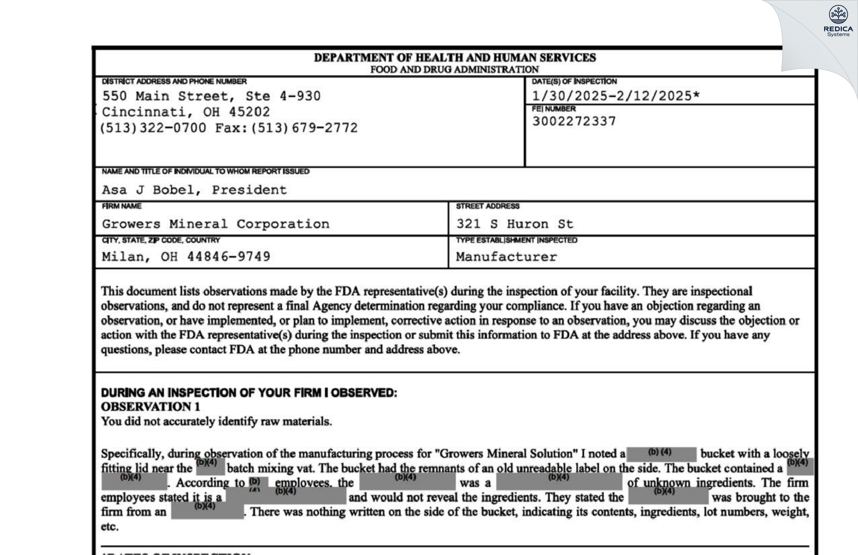 FDA 483 - Growers Chemical Corporation [Milan / United States of America] - Download PDF - Redica Systems