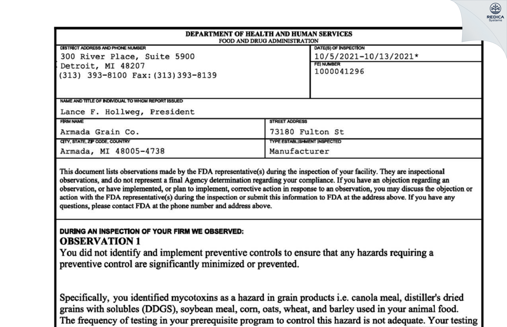 FDA 483 - Armada Grain Co. [Armada / United States of America] - Download PDF - Redica Systems