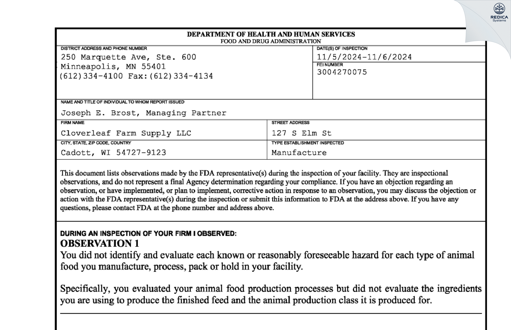 FDA 483 - Cloverleaf Farm Supply LLC [Cadott / United States of America] - Download PDF - Redica Systems