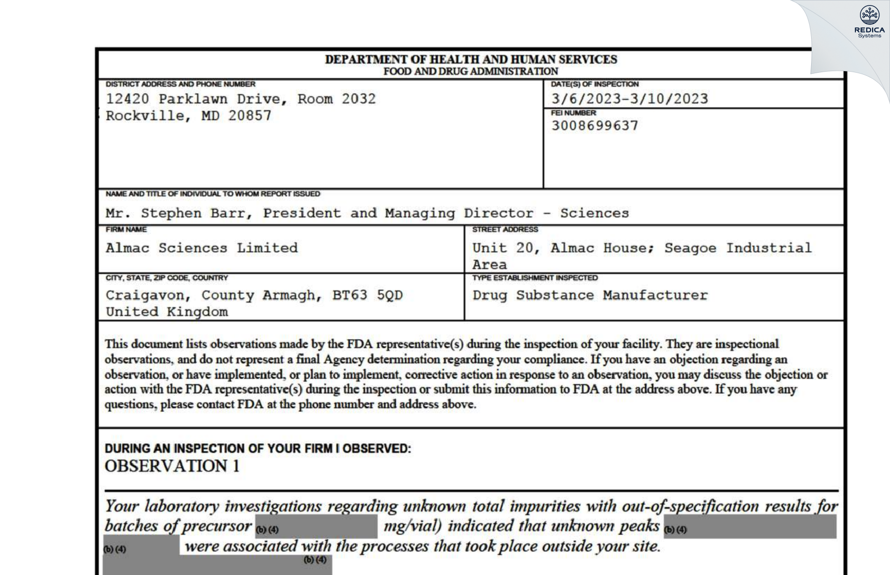 FDA 483 - Almac Sciences Limited [Craigavon / United Kingdom of Great Britain and Northern Ireland] - Download PDF - Redica Systems