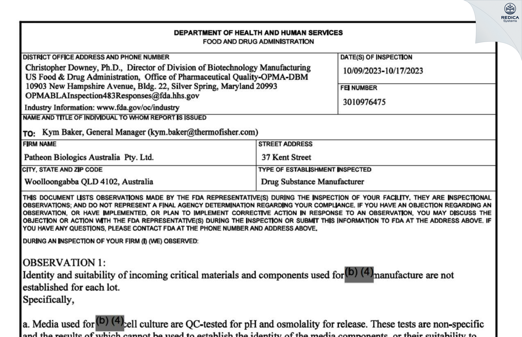 FDA 483 - Patheon Biologics Australia Pty Ltd [Brisbane / Australia] - Download PDF - Redica Systems
