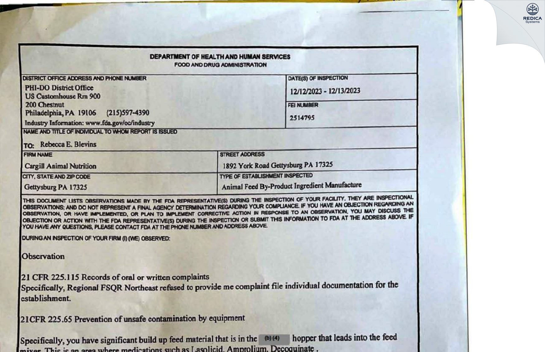 FDA 483 - Cargill, Incorporated [Gettysburg / United States of America] - Download PDF - Redica Systems
