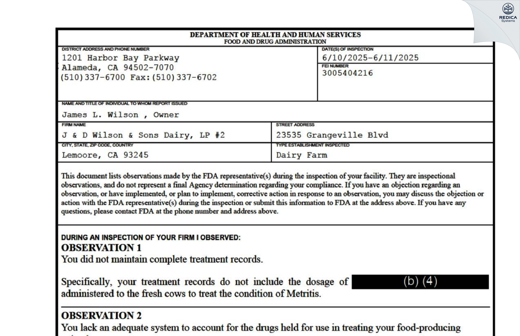 FDA 483 - J & D Wilson & Sons Dairy, LP [Riverdale / United States of America] - Download PDF - Redica Systems
