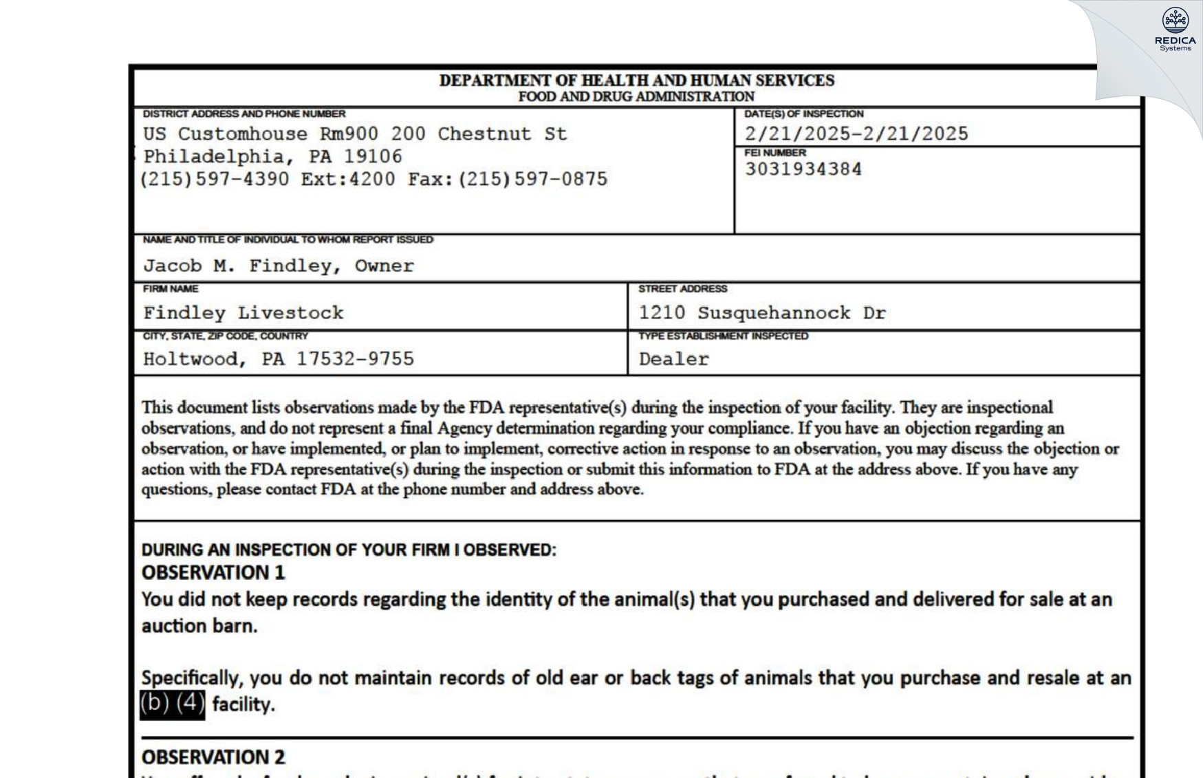 FDA 483 - Findley Livestock [Holtwood / United States of America] - Download PDF - Redica Systems