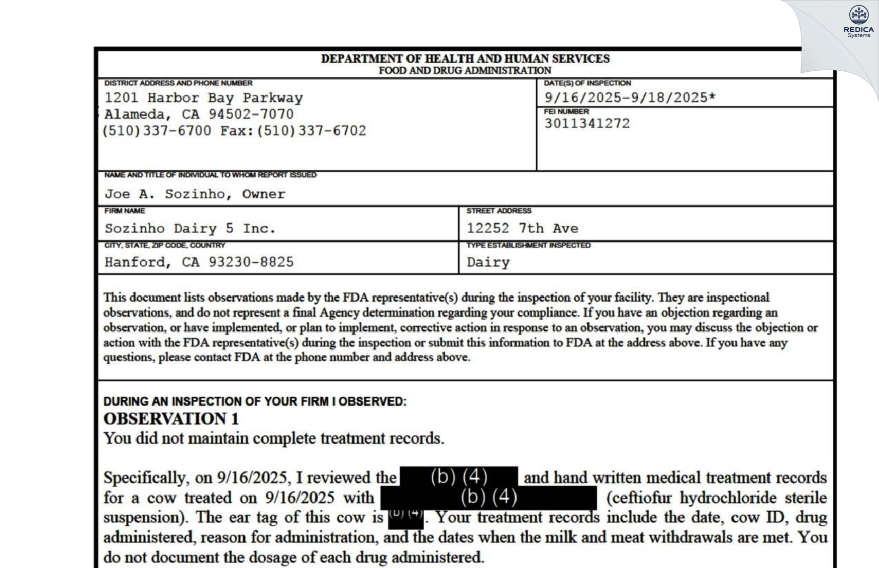 FDA 483 - Sozinho Dairy #5 Inc. [Hanford / United States of America] - Download PDF - Redica Systems