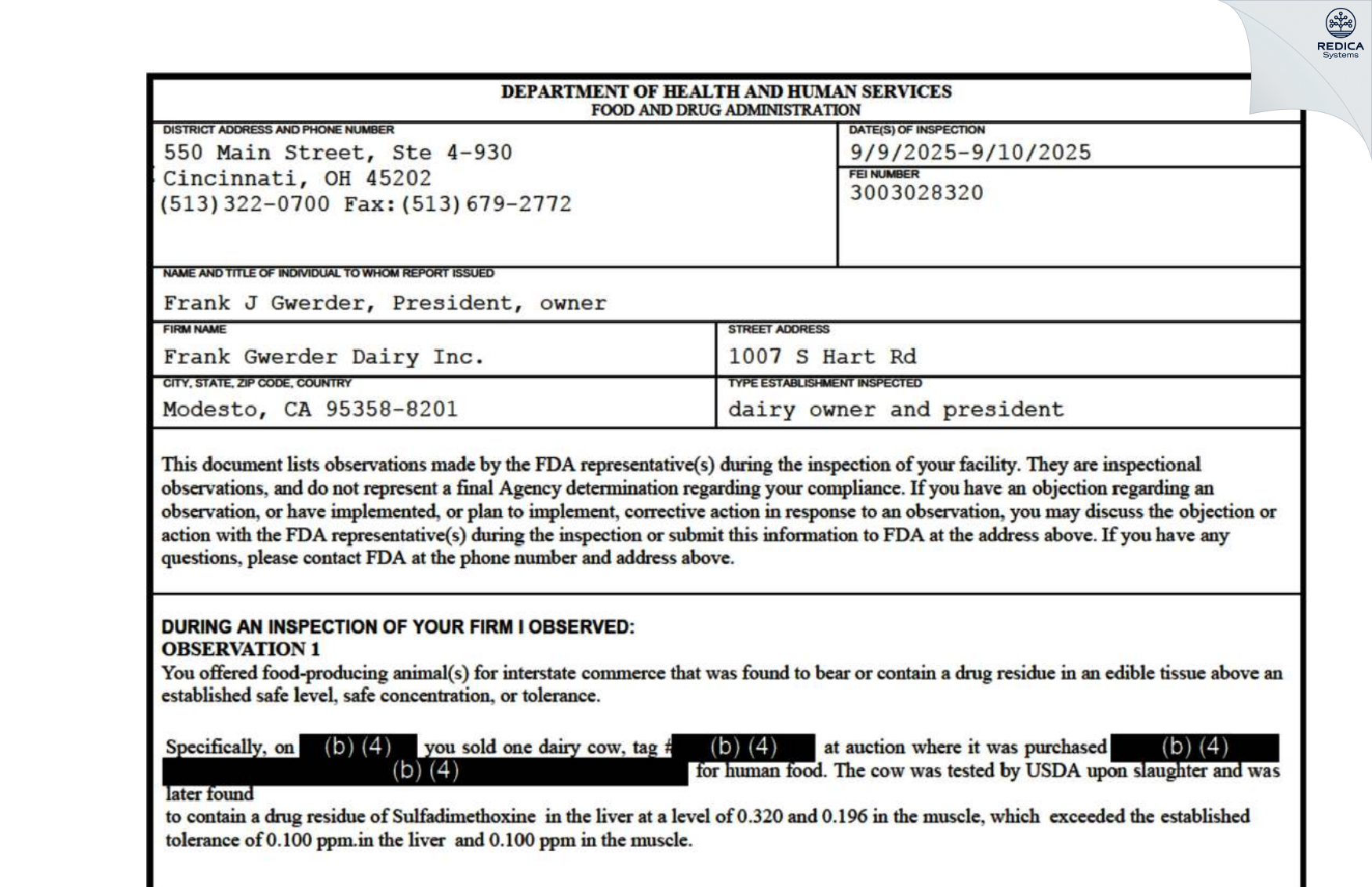 FDA 483 - Gwerder, Frank Jr. [Modesto / United States of America] - Download PDF - Redica Systems