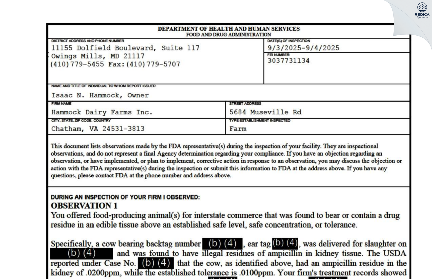 FDA 483 - Hammock Dairy Farms Inc. [Chatham / United States of America] - Download PDF - Redica Systems