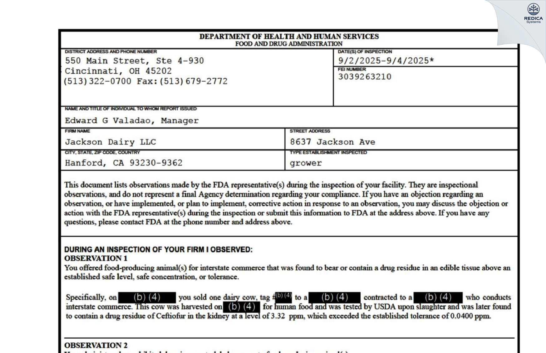 FDA 483 - Jackson Dairy LLC [Hanford / United States of America] - Download PDF - Redica Systems