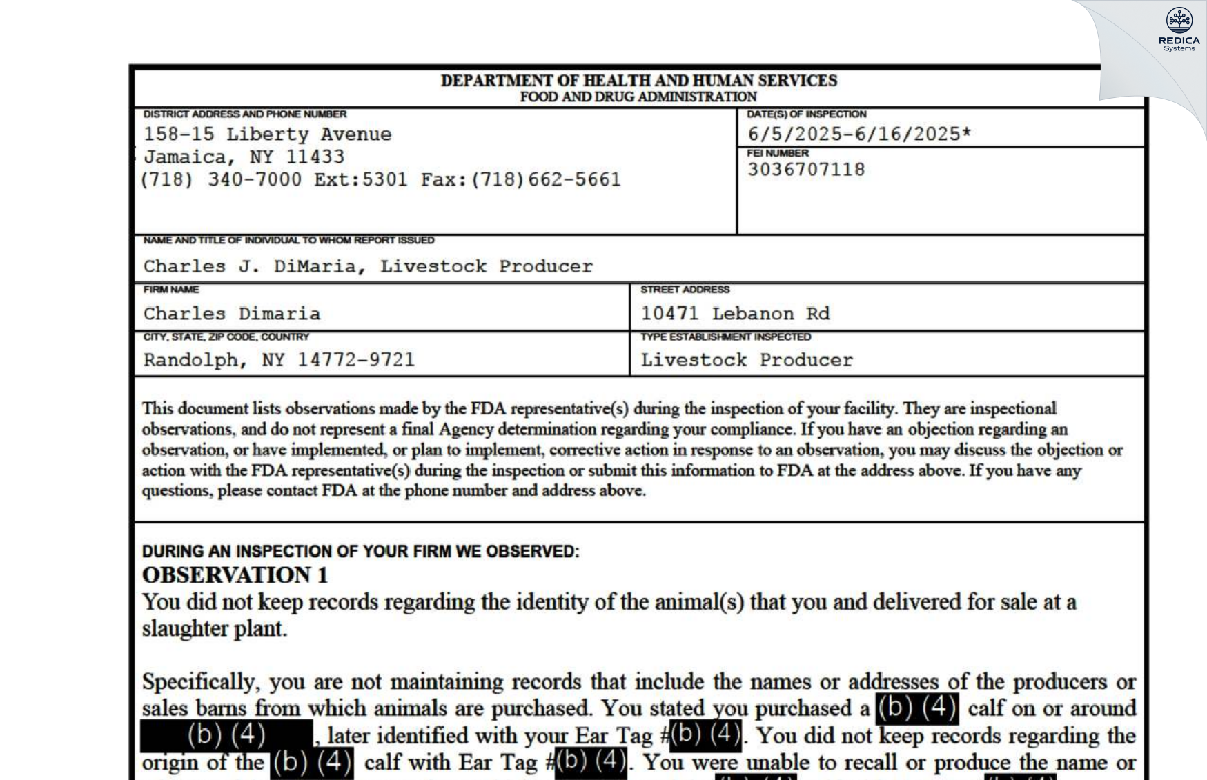 FDA 483 - Charles Dimaria [Randolph / United States of America] - Download PDF - Redica Systems