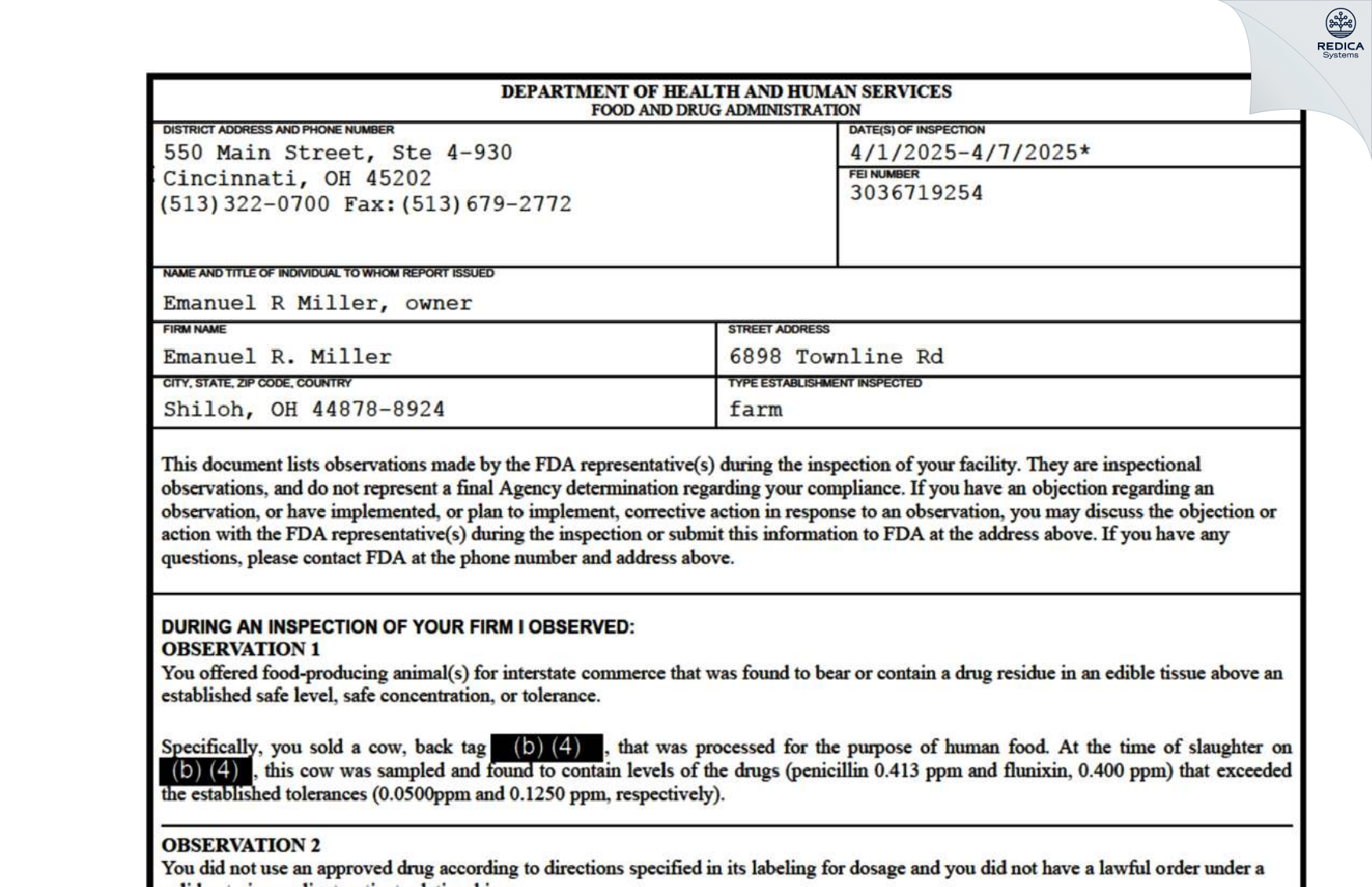 FDA 483 - Emanuel R. Miller [Shiloh / United States of America] - Download PDF - Redica Systems
