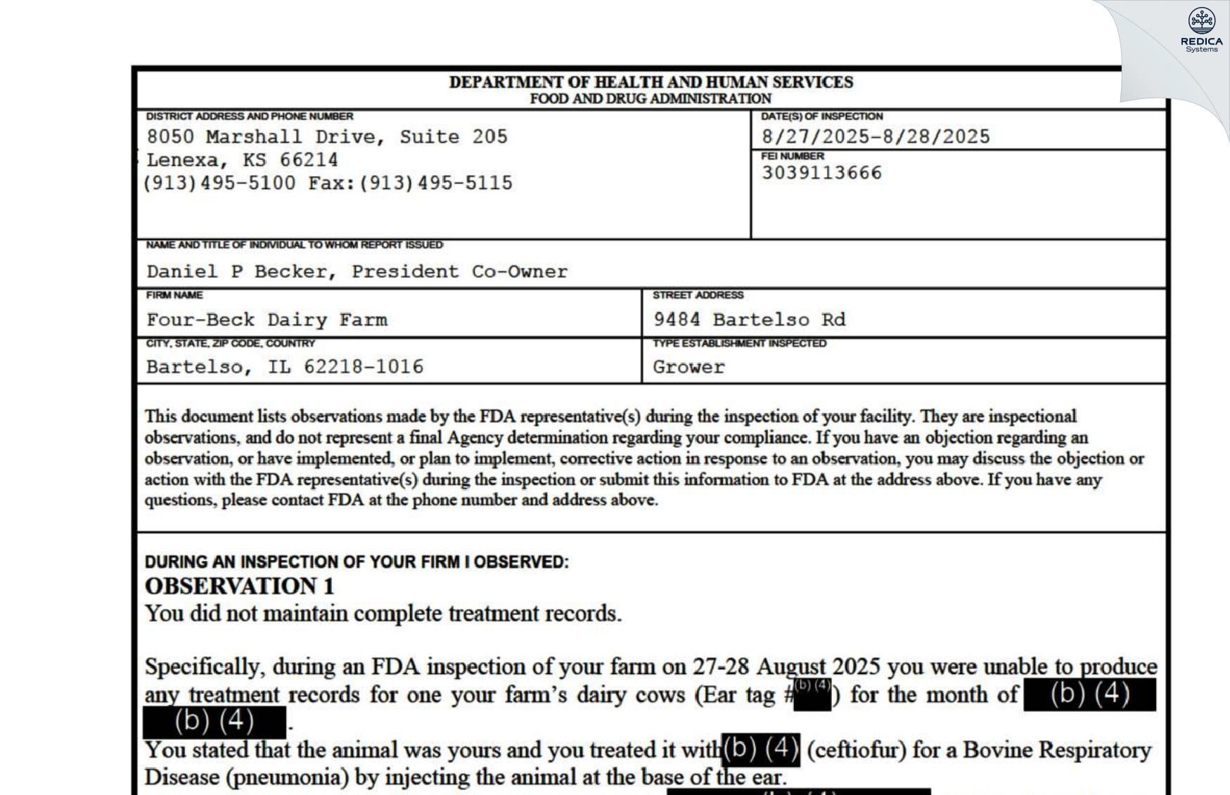 FDA 483 - Four-Beck Dairy Farm [Bartelso / United States of America] - Download PDF - Redica Systems