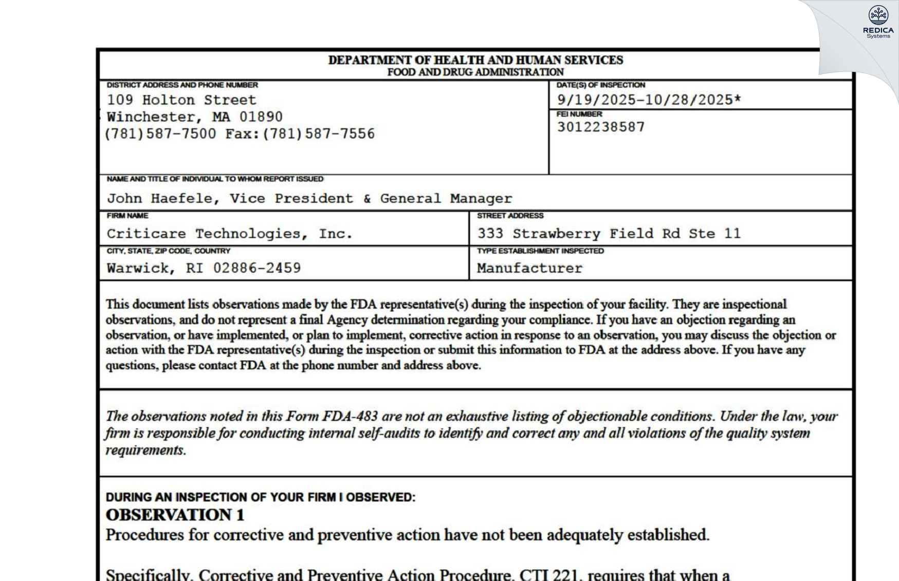 FDA 483 - Criticare Technologies, Inc. [Warwick / United States of America] - Download PDF - Redica Systems