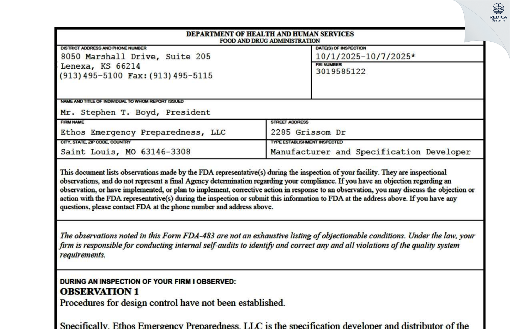 FDA 483 - ETHOS EMERGENCY PREPAREDNESS LLC [Saint Louis / United States of America] - Download PDF - Redica Systems