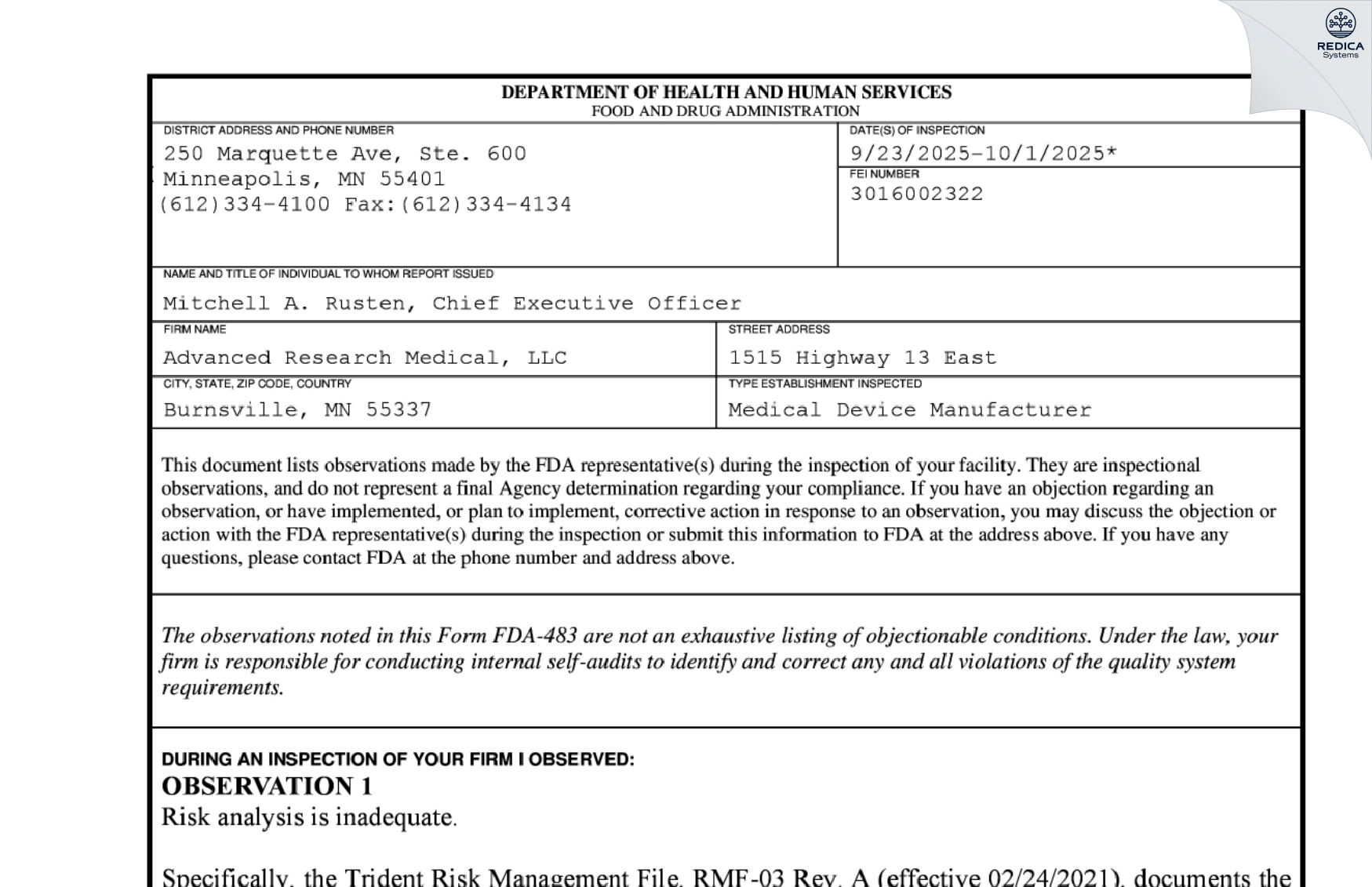 FDA 483 - Advanced Research Medical, LLC [Burnsville / United States of America] - Download PDF - Redica Systems