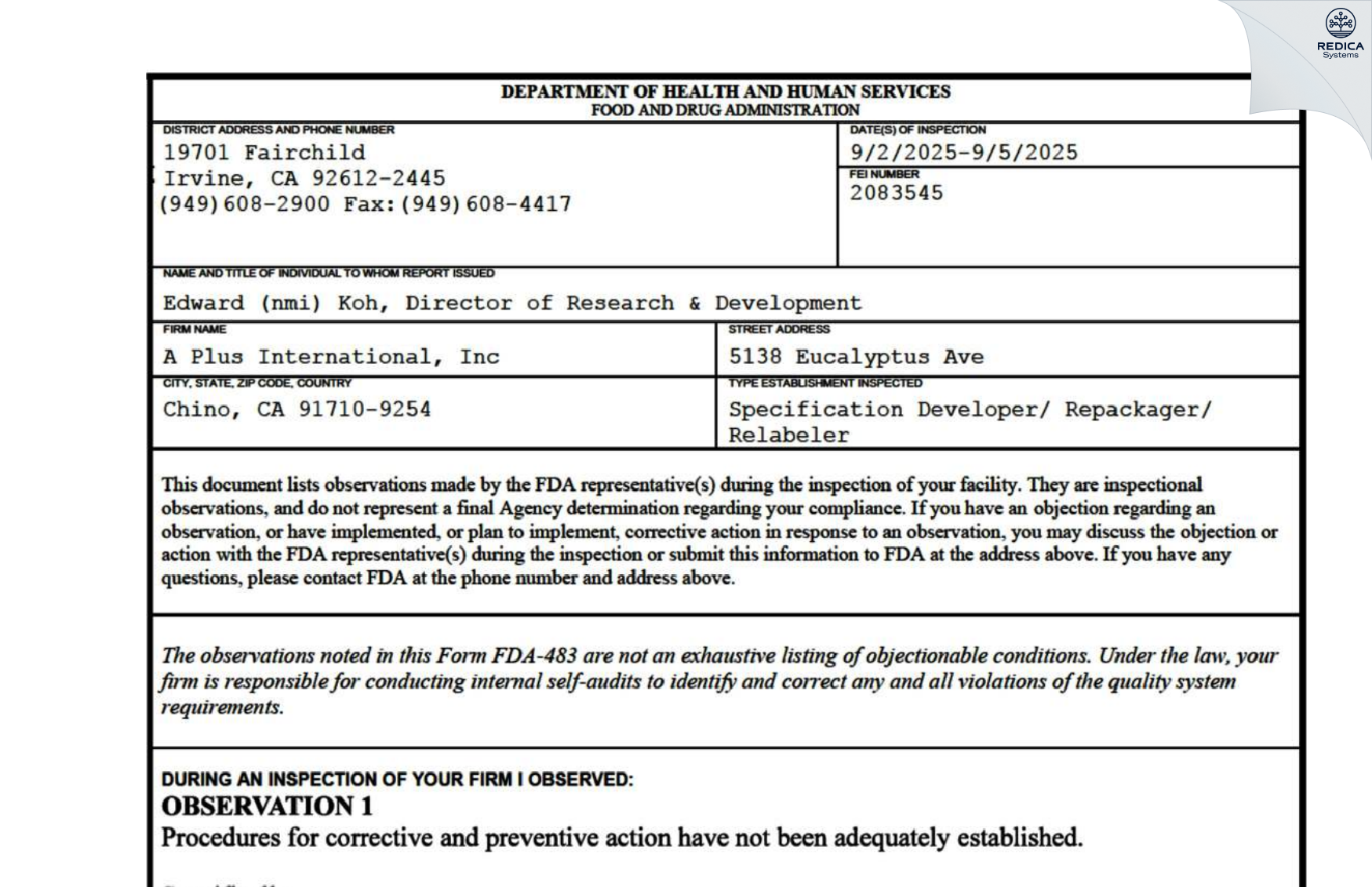 FDA 483 - A Plus International Inc [Chino / United States of America] - Download PDF - Redica Systems