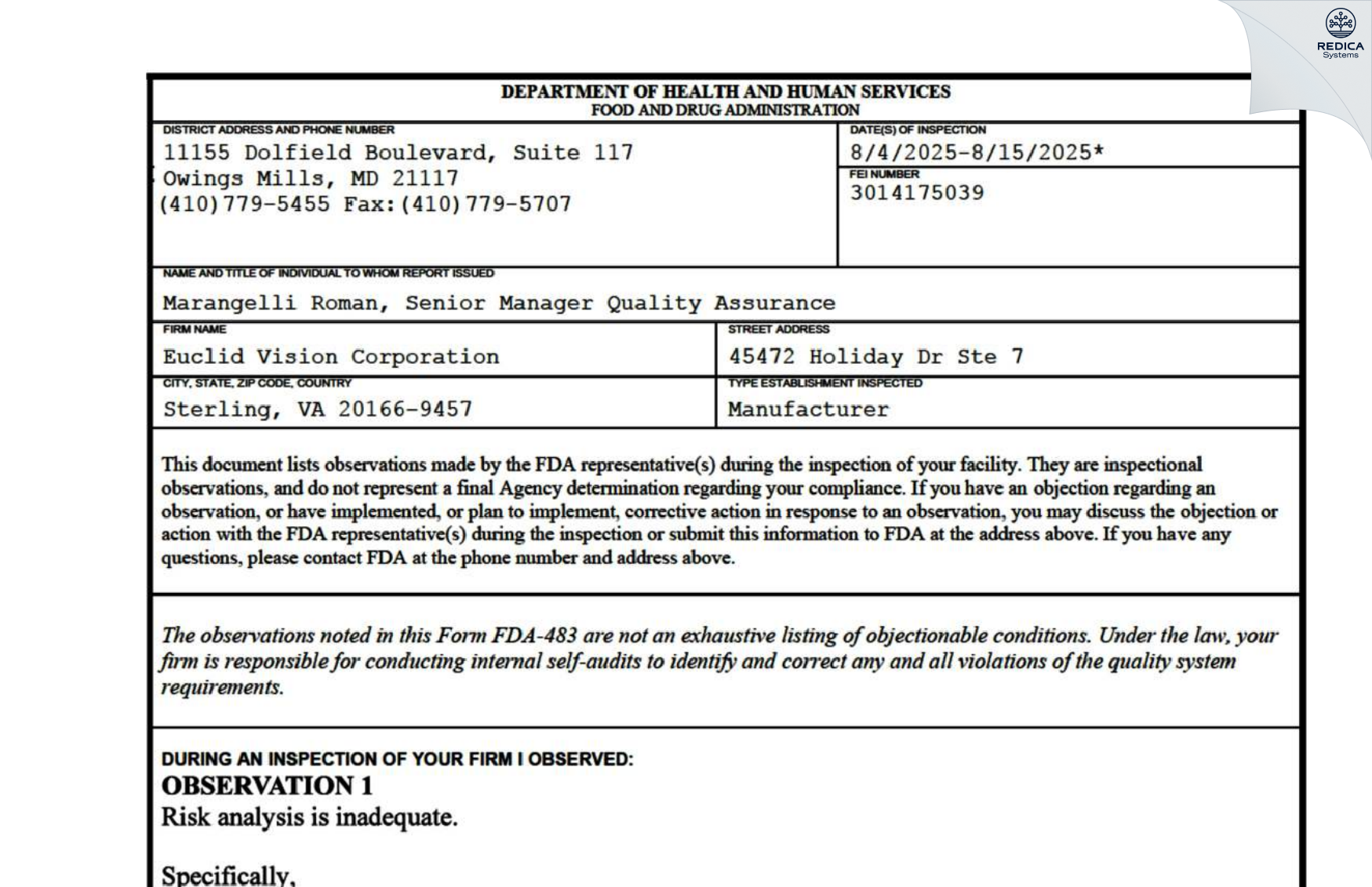 FDA 483 - Euclid Systems Corporation [Sterling / United States of America] - Download PDF - Redica Systems