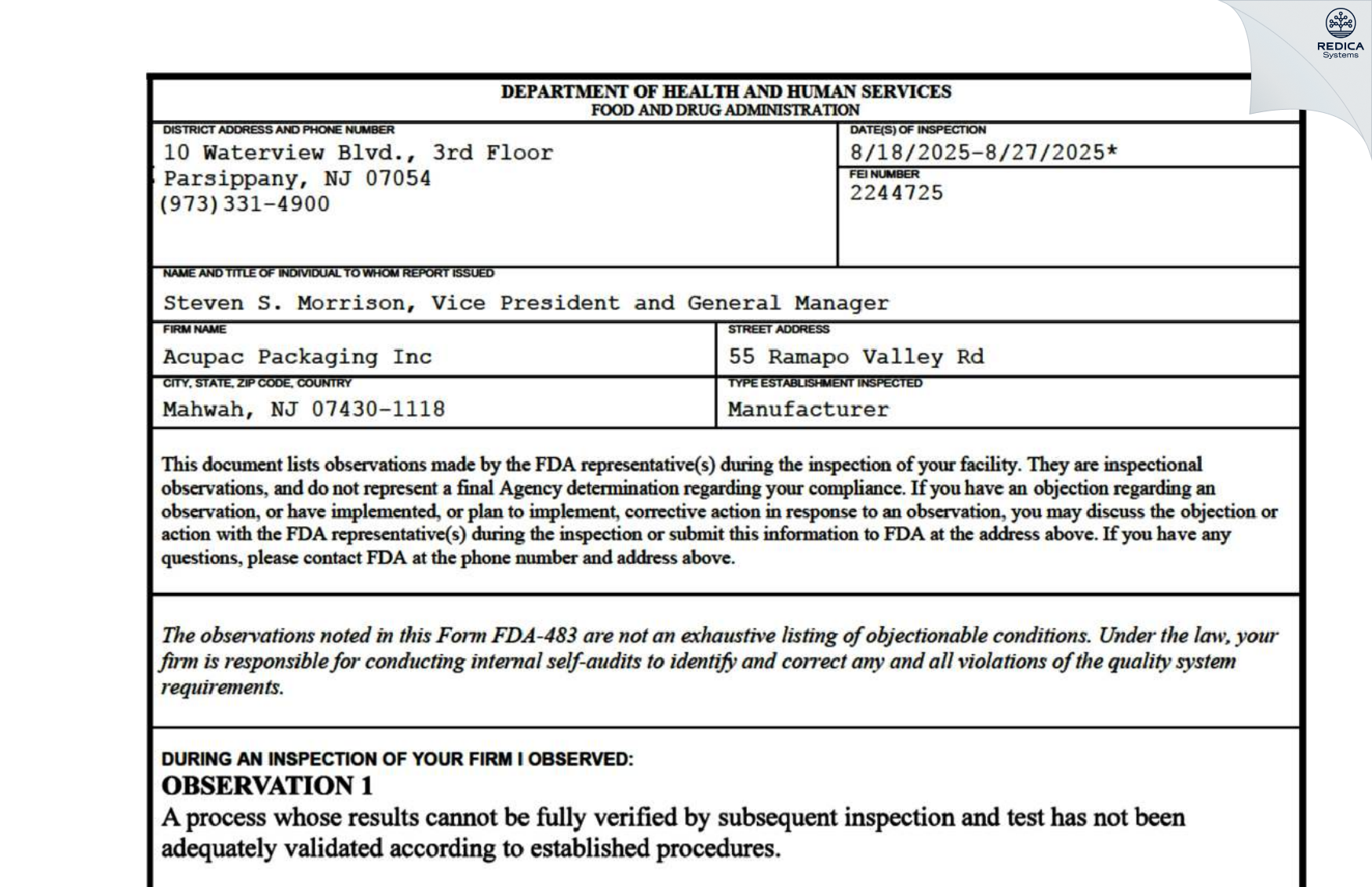 FDA 483 - ACUPAC PACKAGING INC [Mahwah / United States of America] - Download PDF - Redica Systems
