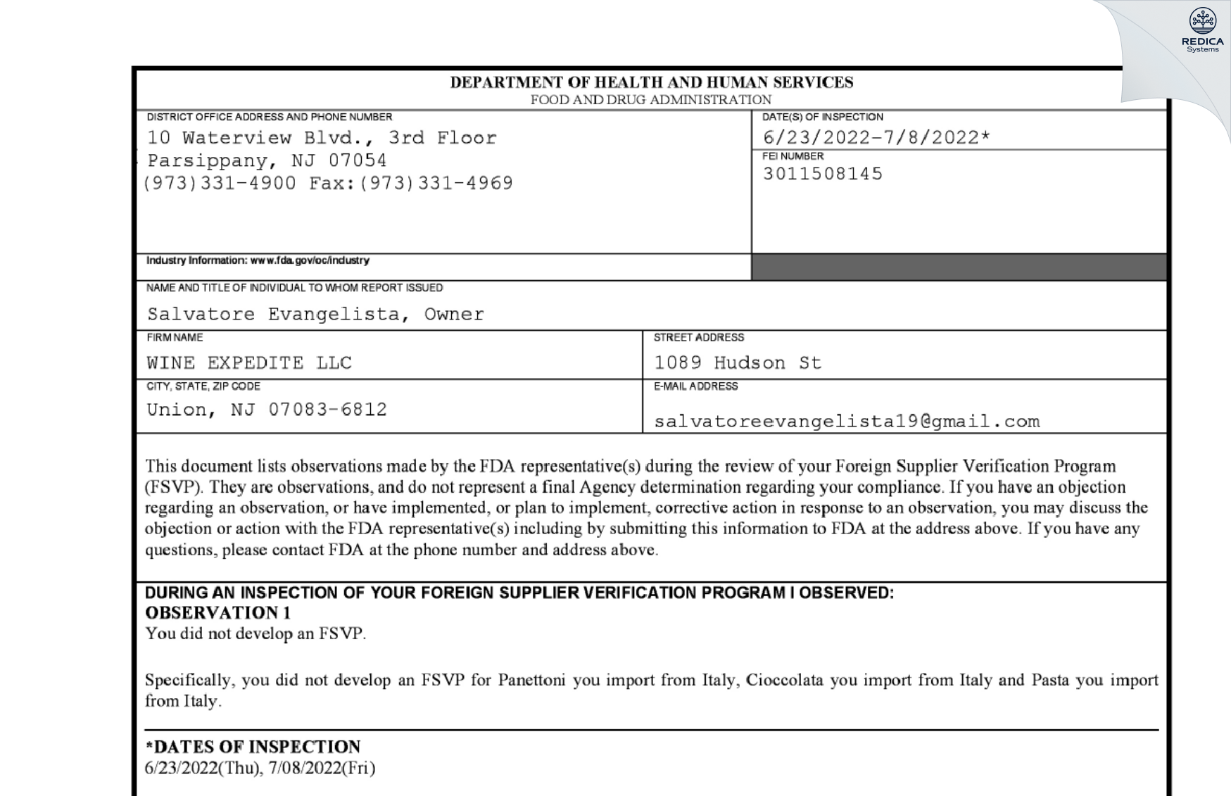 FDA 483 - WINE EXPEDITE LLC [Union / United States of America] - Download PDF - Redica Systems