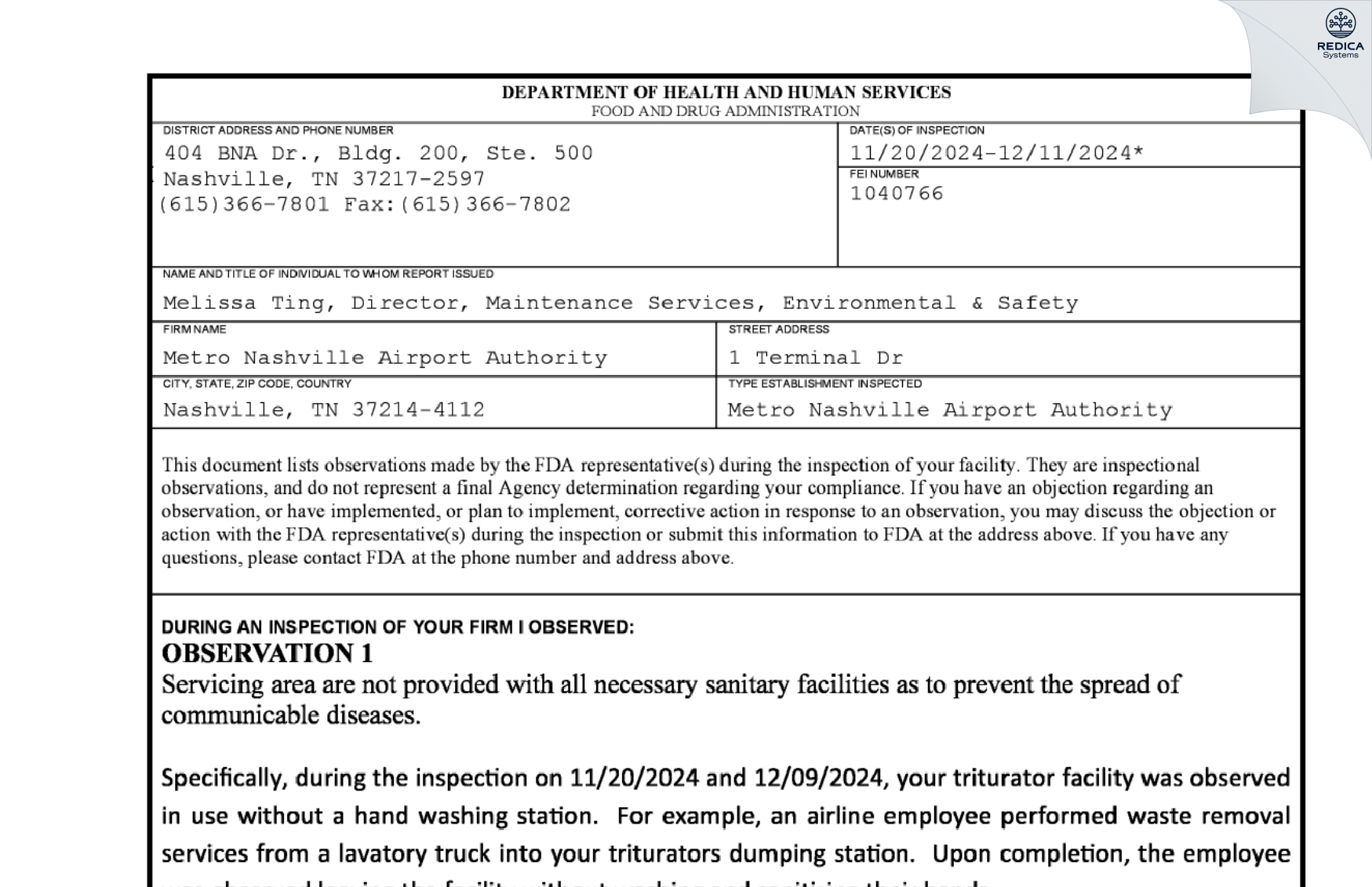 FDA 483 - Metro Nashville Airport Authority [Nashville / United States of America] - Download PDF - Redica Systems
