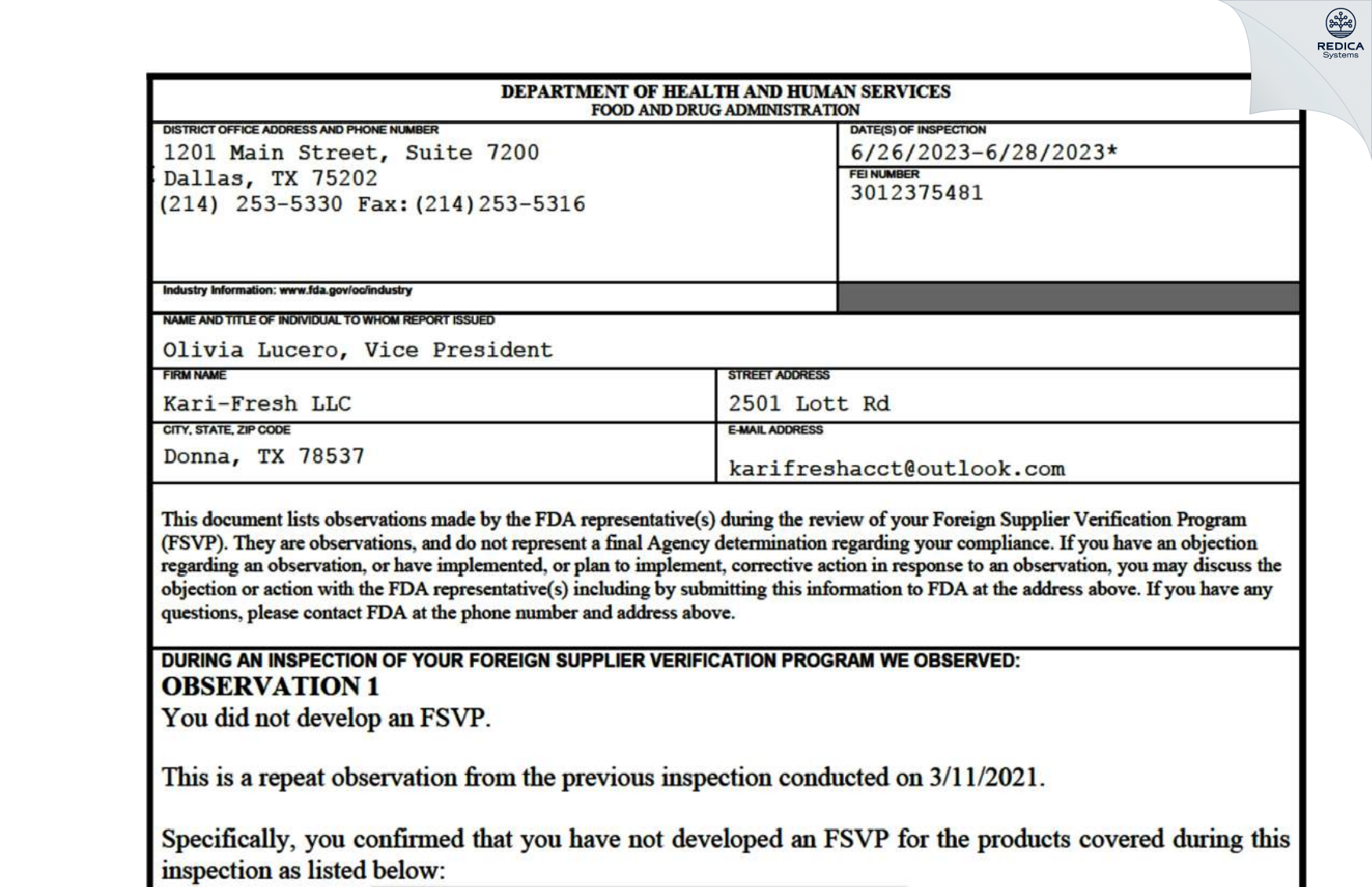 FDA 483 - Kari-Fresh LLC [Donna / United States of America] - Download PDF - Redica Systems