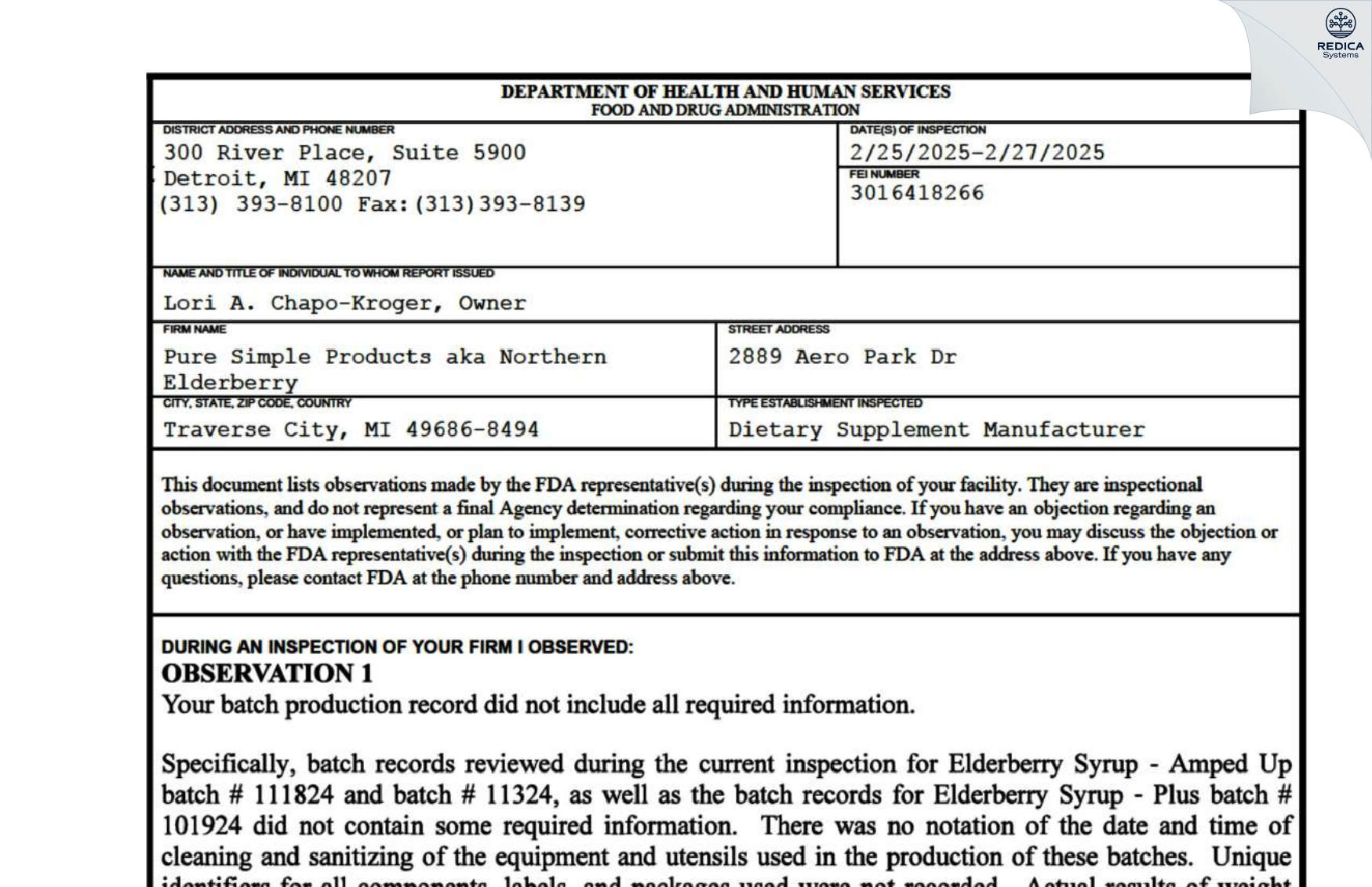FDA 483 - Pure Simple Products aka Northern Elderberry [Traverse City / United States of America] - Download PDF - Redica Systems