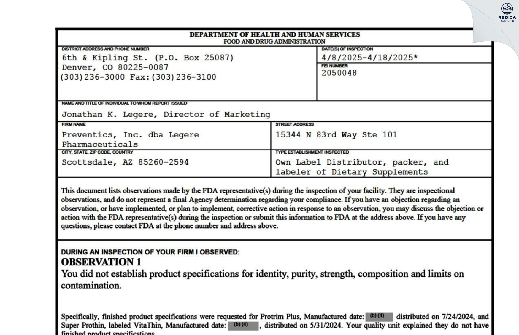 FDA 483 - Preventics, Inc [Scottsdale / United States of America] - Download PDF - Redica Systems