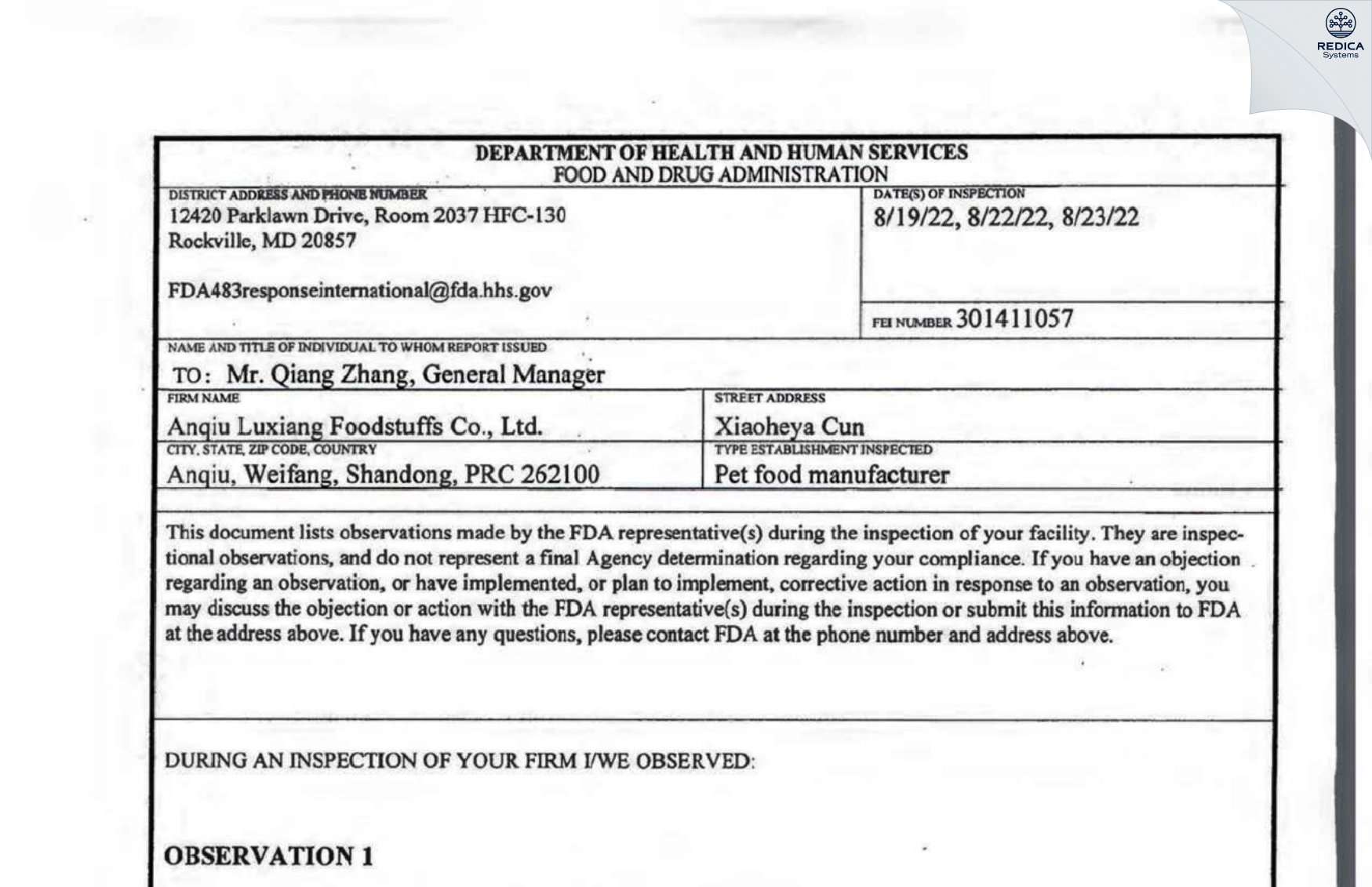 FDA 483 - Anqiu Luxiang Foodstuffs Co., Ltd. [Weifang / China] - Download PDF - Redica Systems