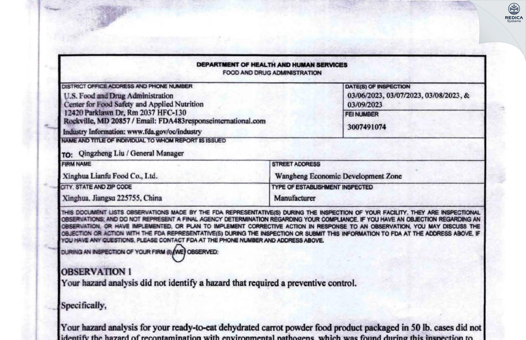 FDA 483 - Xinghua Lianfu Food Co., Ltd. [Xinghua / China] - Download PDF - Redica Systems