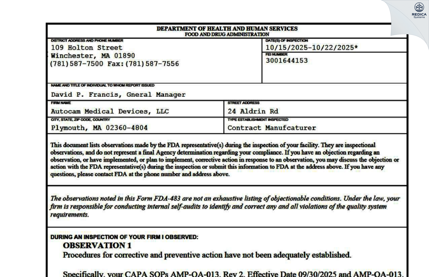 FDA 483 - Autocam Medical Devices, LLC [Plymouth / United States of America] - Download PDF - Redica Systems