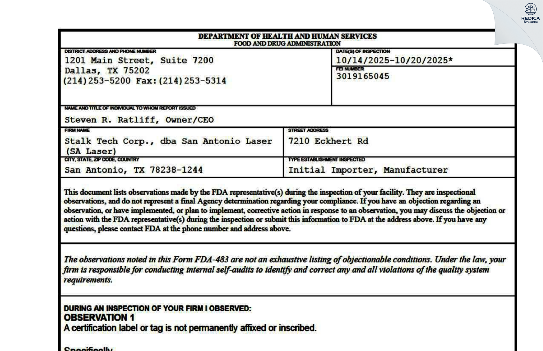 FDA 483 - Stalk Tech Corp., dba San Antonio Laser (SA Laser) [San Antonio / United States of America] - Download PDF - Redica Systems