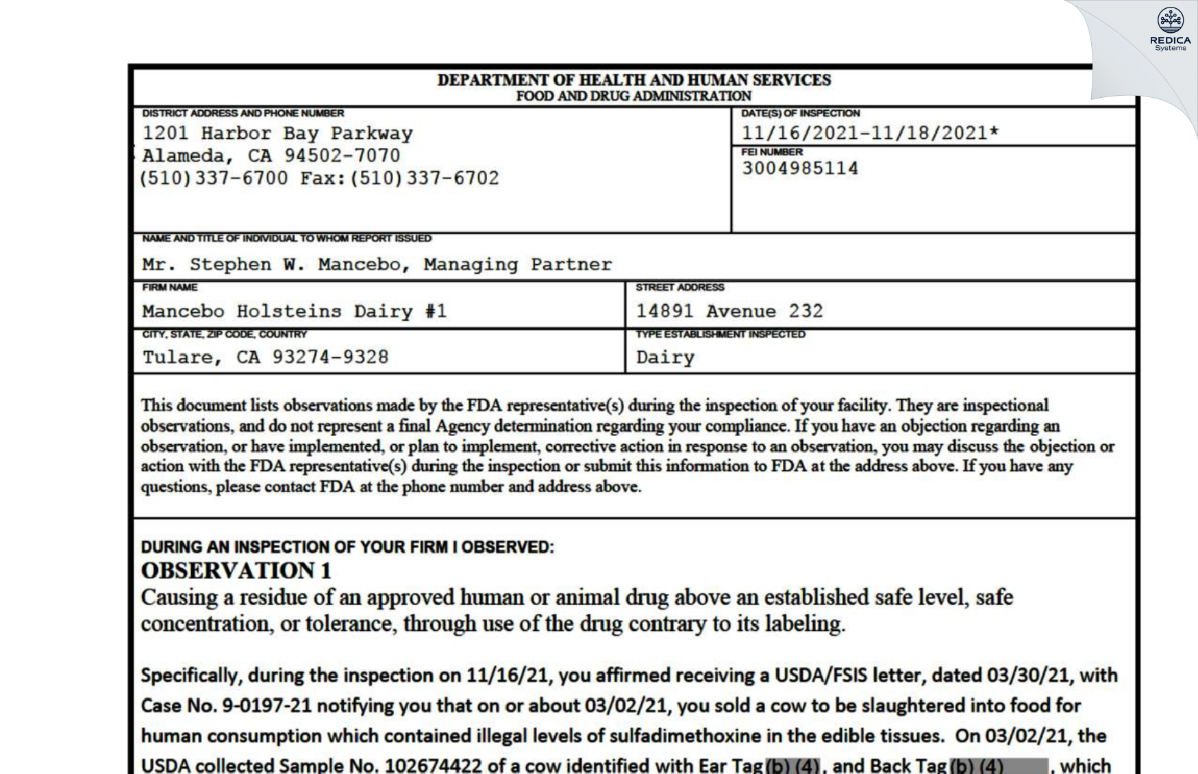 FDA 483 - Mancebo Holsteins Dairy #1 [Tulare / United States of America] - Download PDF - Redica Systems