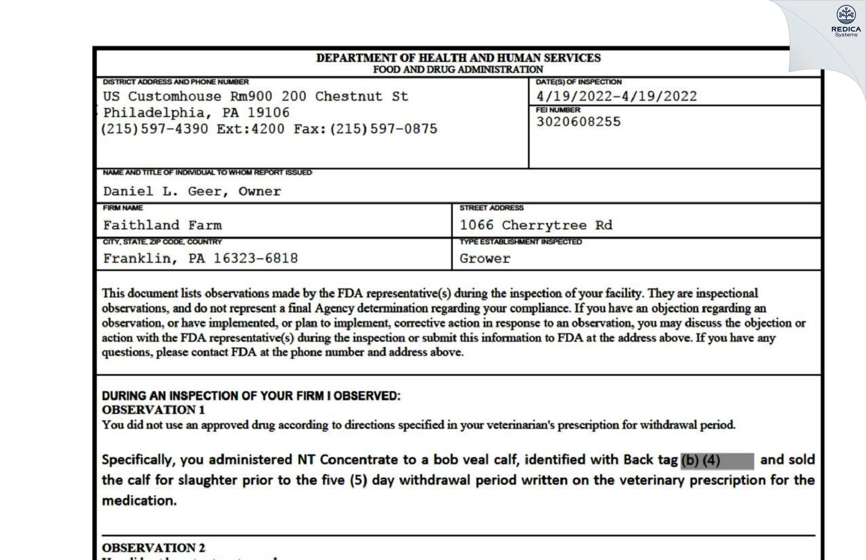FDA 483 - Faithland Farm [Franklin / United States of America] - Download PDF - Redica Systems