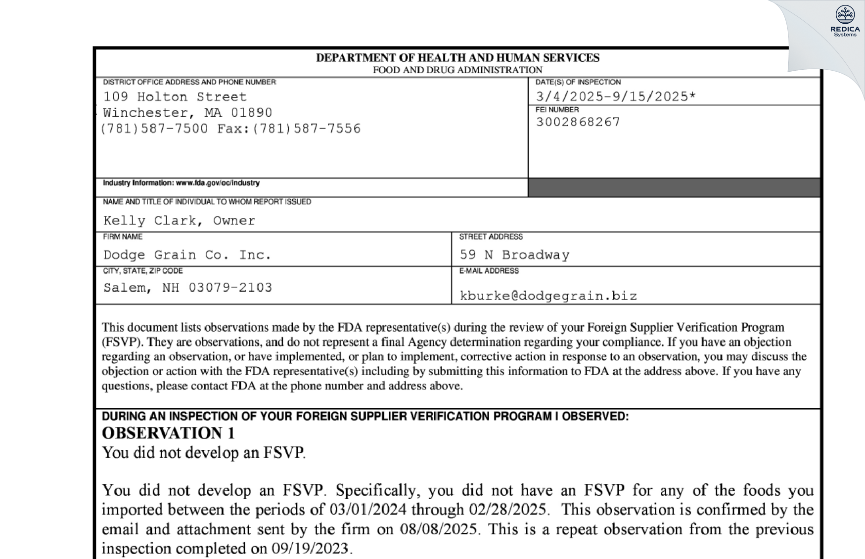 FDA 483 - Dodge Grain LLC. [Salem / United States of America] - Download PDF - Redica Systems