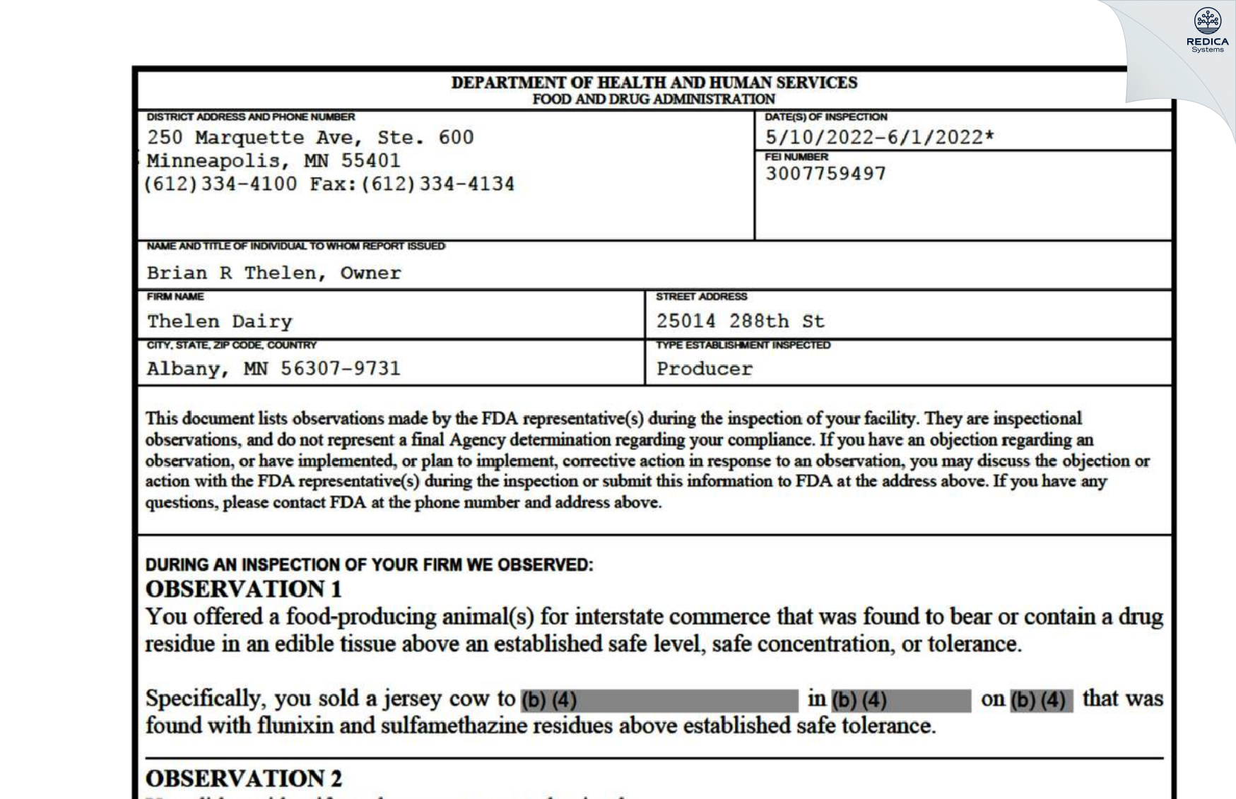 FDA 483 - Thelen Dairy [Albany / United States of America] - Download PDF - Redica Systems