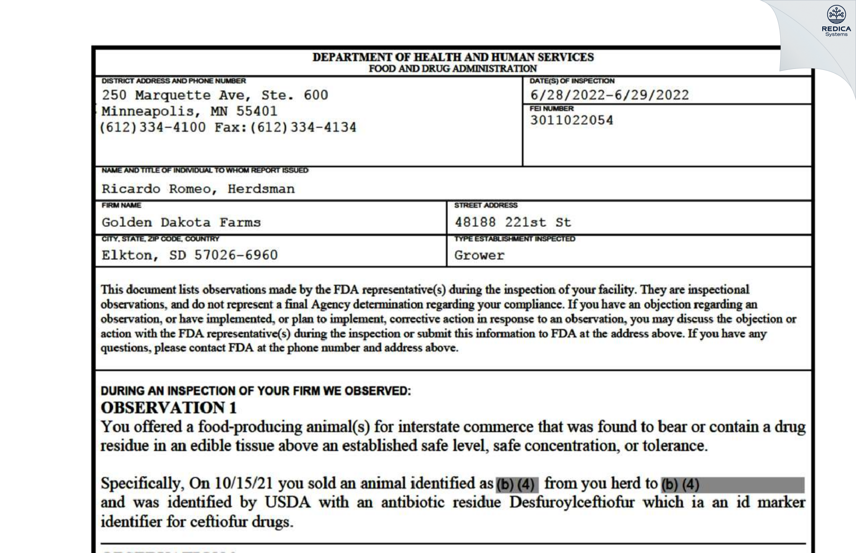 FDA 483 - Golden Dakota Farms [Elkton / United States of America] - Download PDF - Redica Systems